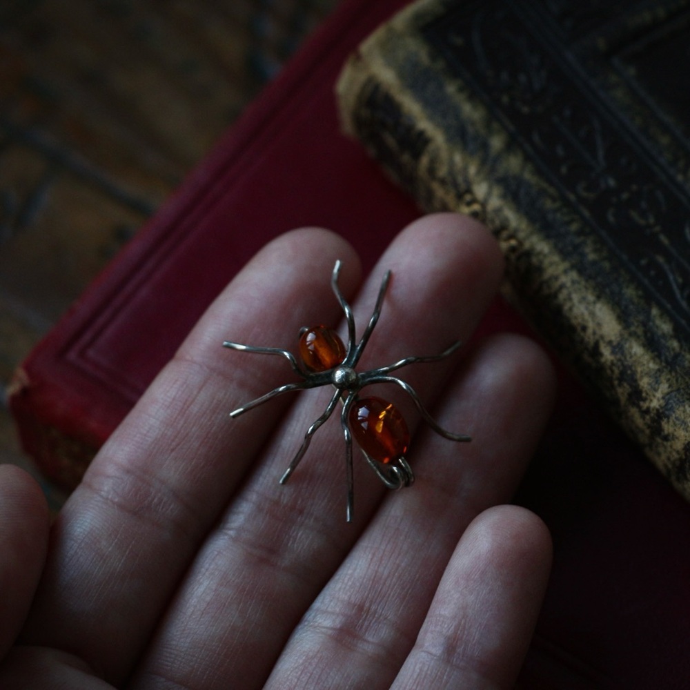 1970’s Sterling Silver Genuine Amber Spider Brooch